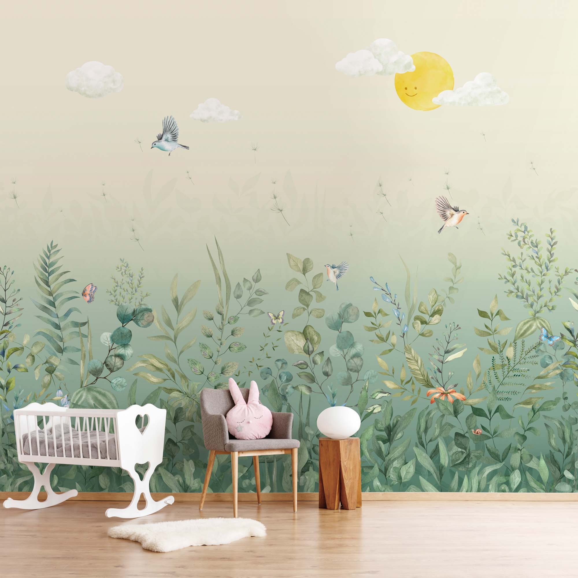 Wandbild Sommerwiese Sonne Vögel Natur beige grün Prägevlies