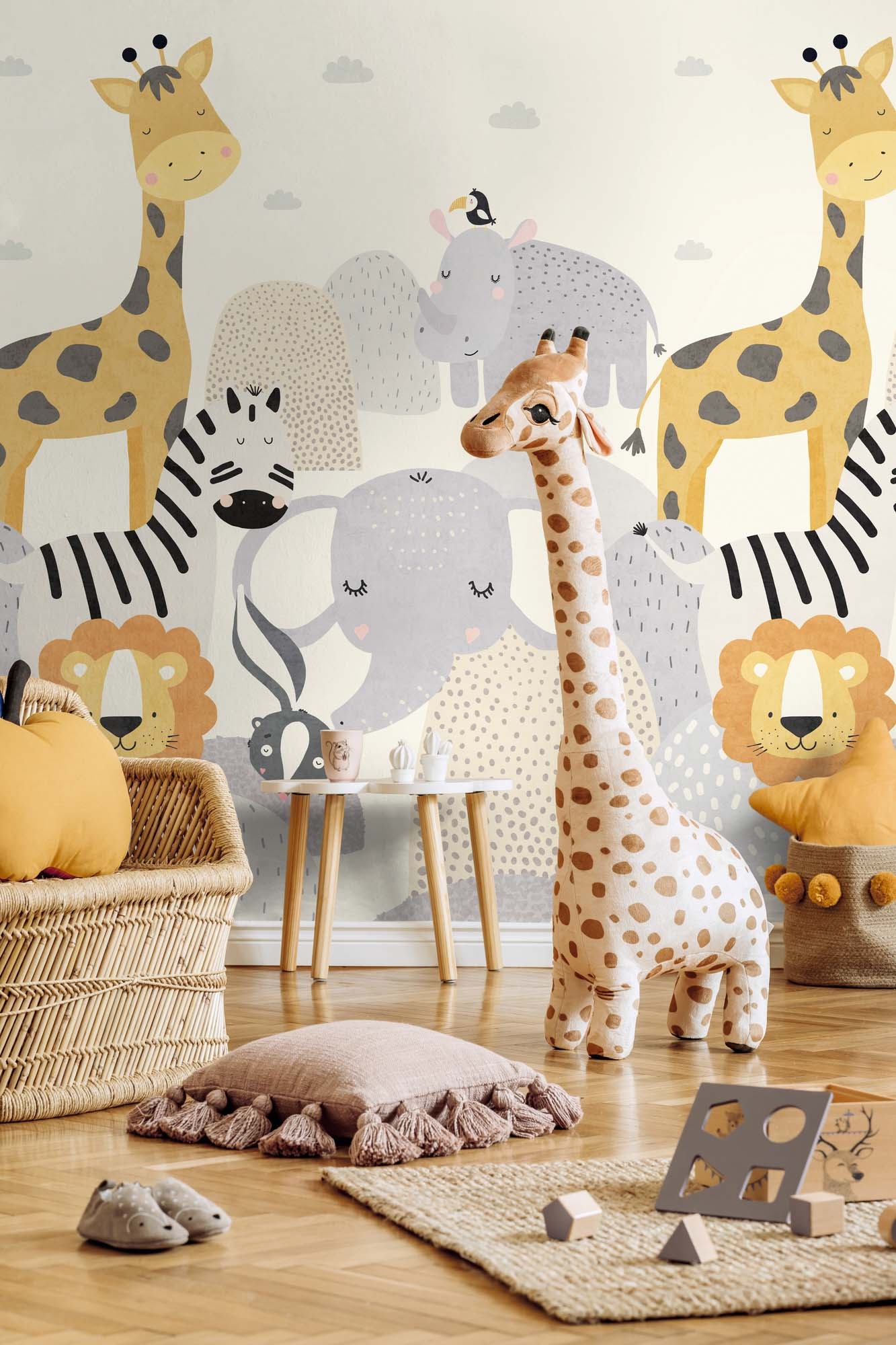 Wandbild Safaritiere Giraffe Löwe creme 159 x 280 cm 792893