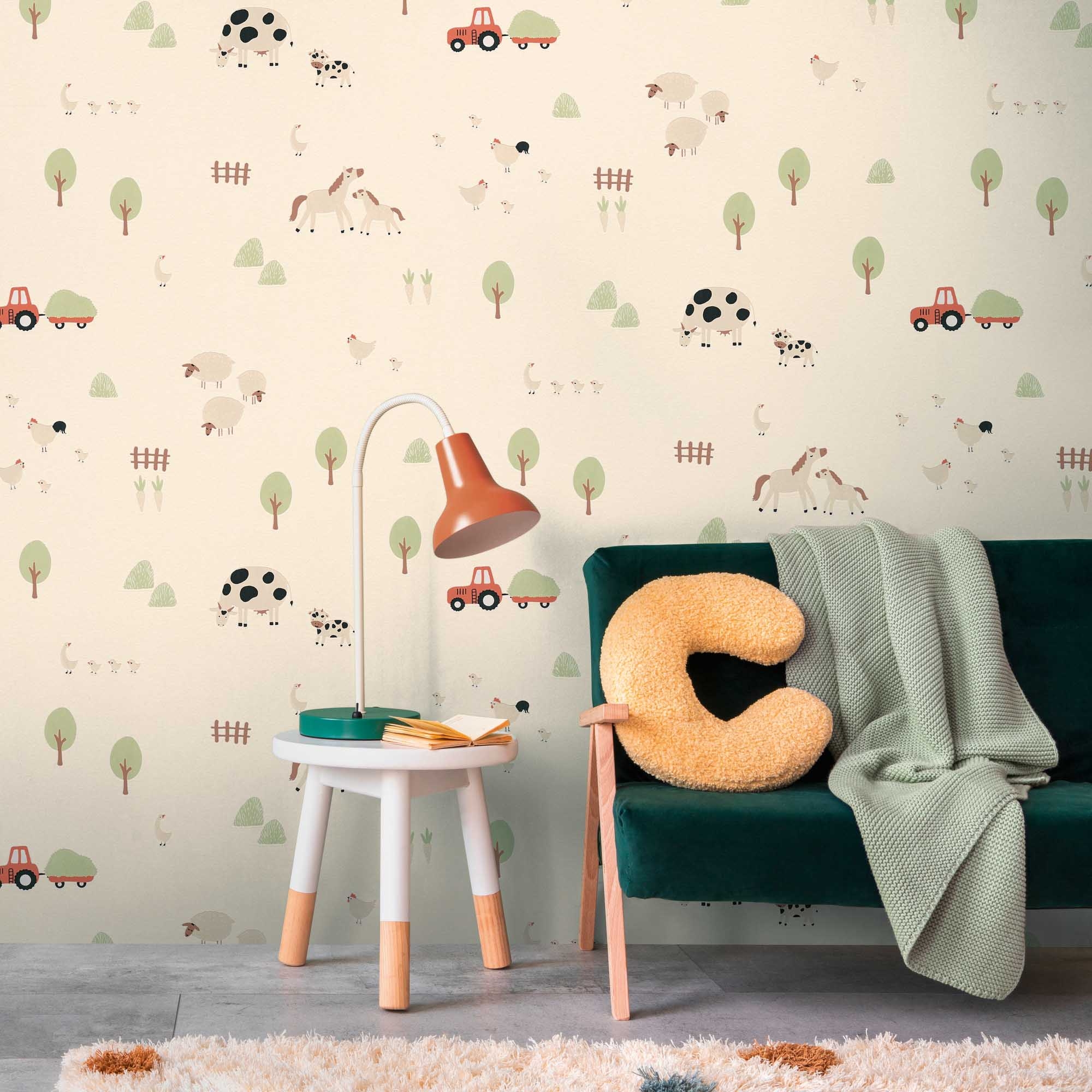 Tapete Bauernhof Tapete Tiere Traktor beige Vlies 792651