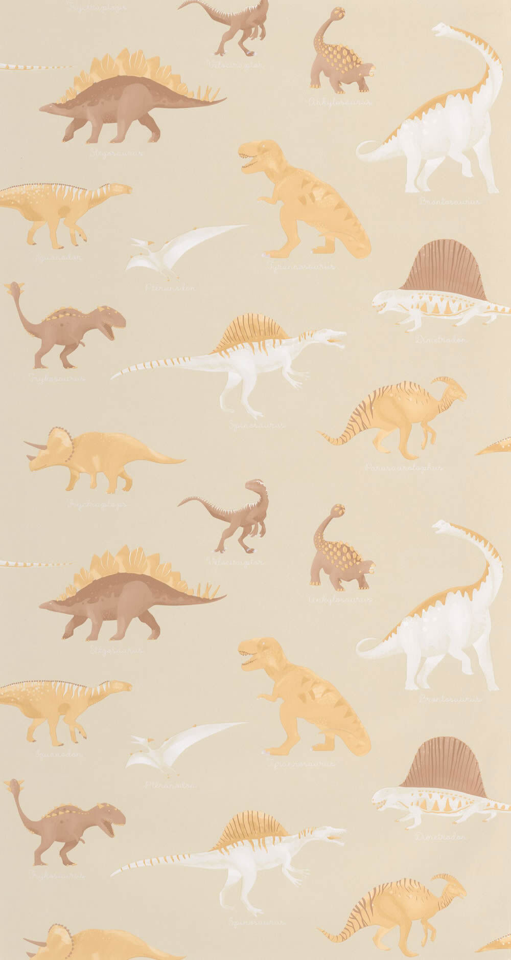 Dinosaur non-woven wallpaper Jurassic beige yellow dino figures Les Minis Mondes Caselio MNM105701010