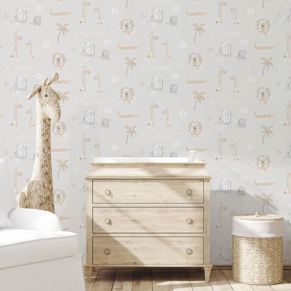 Lions giraffes and elephants African animals wallpaper gray Tiny Tots 2 Essener G78379-28-G78379.1M