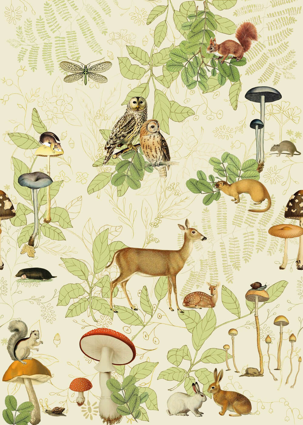 Wandbild Waldtiere Märchen Rehe Pilze Eulen Hasen cremebeige 557657-7-557657