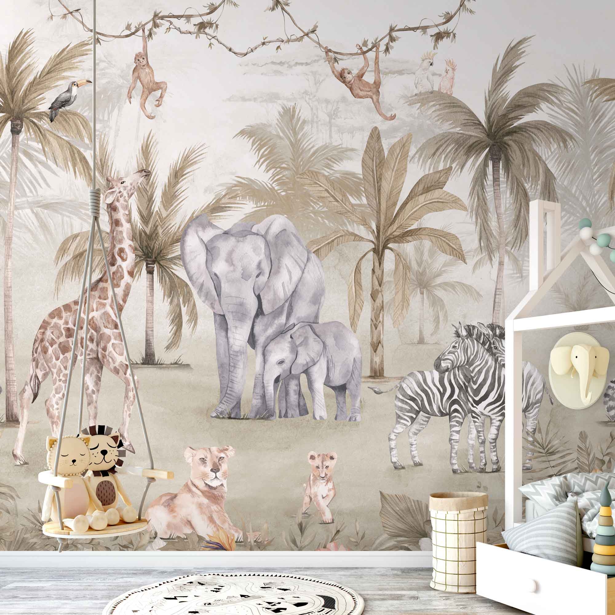 Wandbild Safaritiere Elefant Giraffe Zebra beige Prägevlies