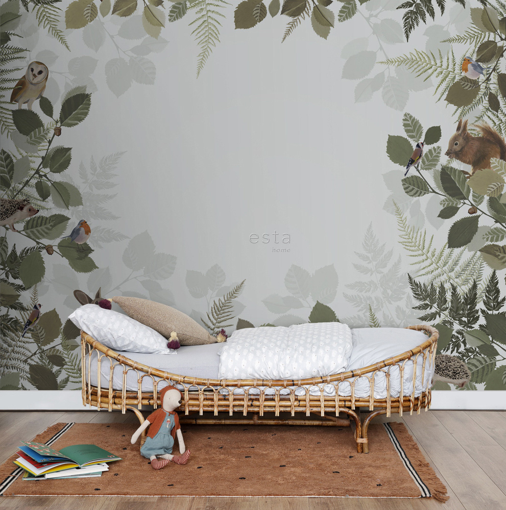 Wandbild Waldtiere Blätter grau grün 300 x 279 cm 159100