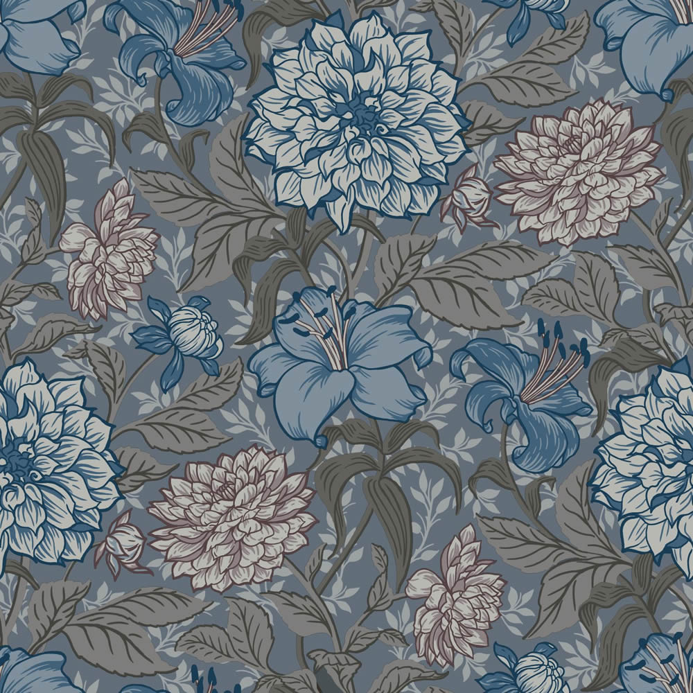 Tapete Vintage große Blumen graublau Vlies 139480