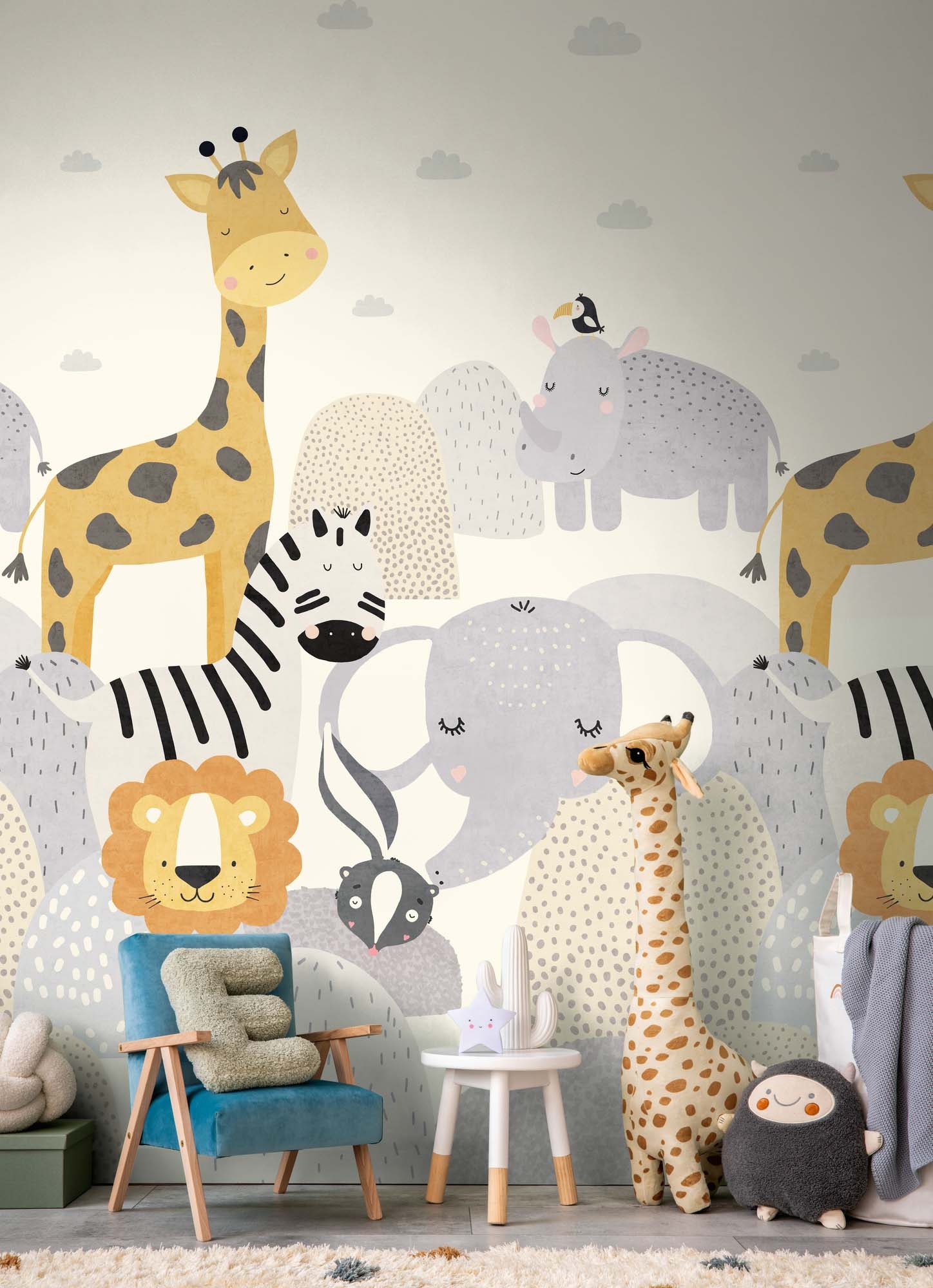 Wandbild Safaritiere Giraffe Löwe creme 159 x 280 cm 792893