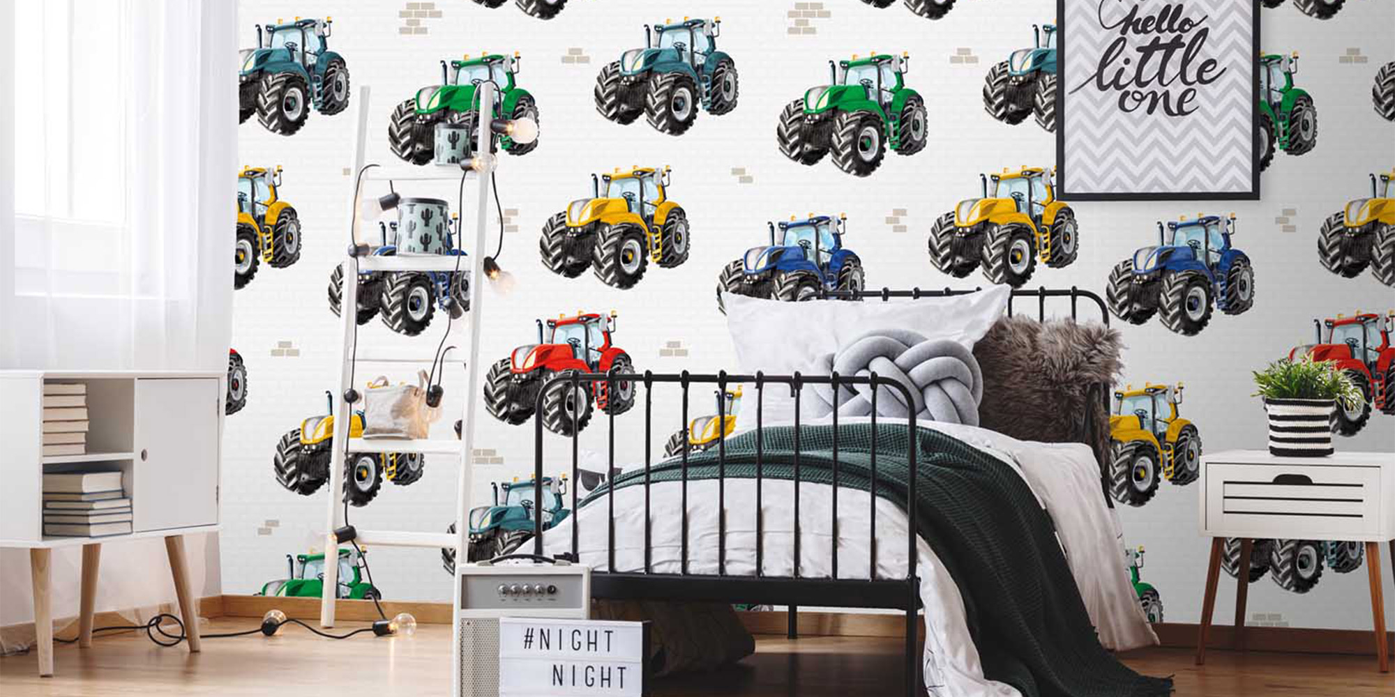 Treckertapete mit bunten Traktoren für Kinder.