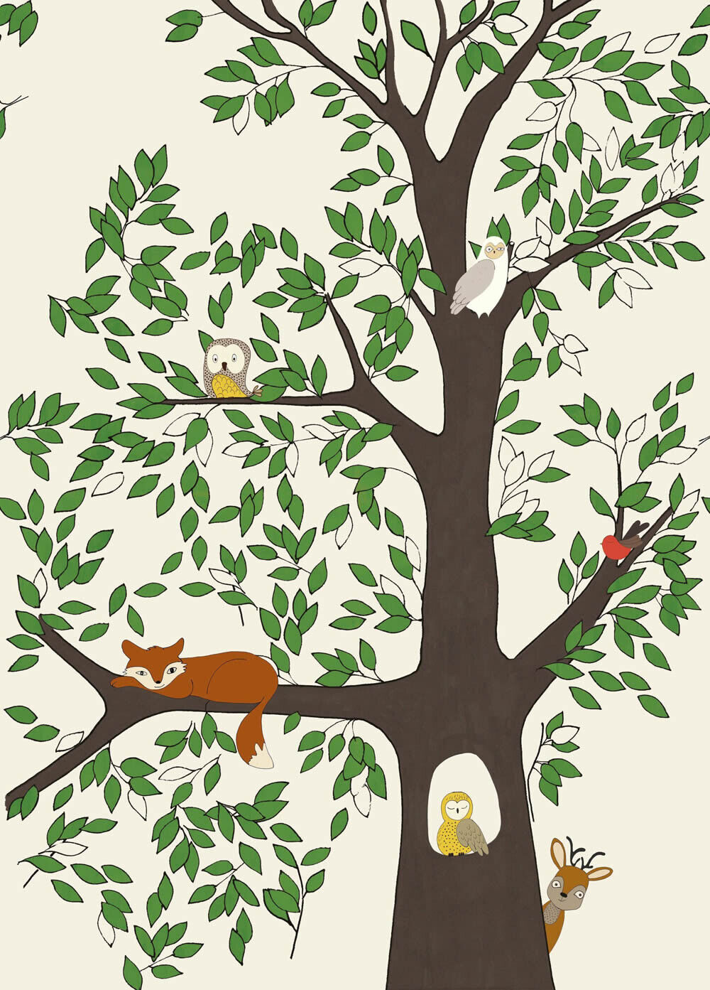 Wandbild Baum Waldtiere Fuchs Reh Vögel Blätter beige 557756-7-557756