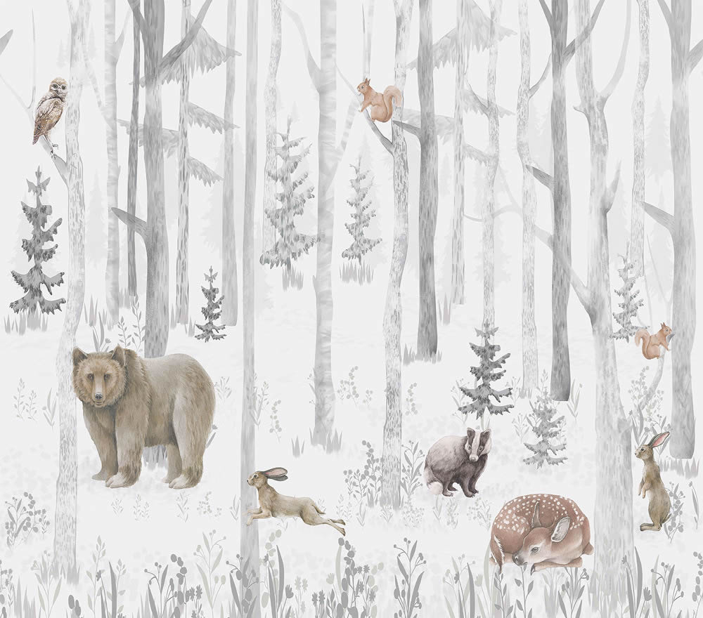 Wandbild Vlies Wildtiere im Wald Reh Hase und Bär grau weiß CW6044-1-62-CW6044-1