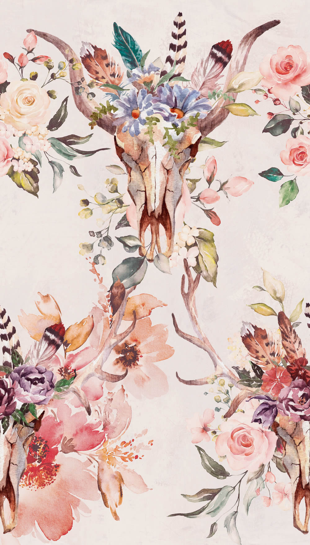 Wandbild 159 x 280 cm Blumen Schädel Boho rosa ML2101