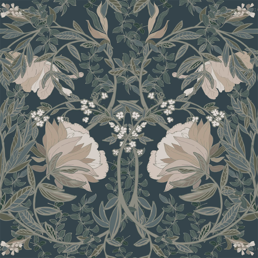 Blumentapete im Jugendstil dunkelblau Vlies 139421