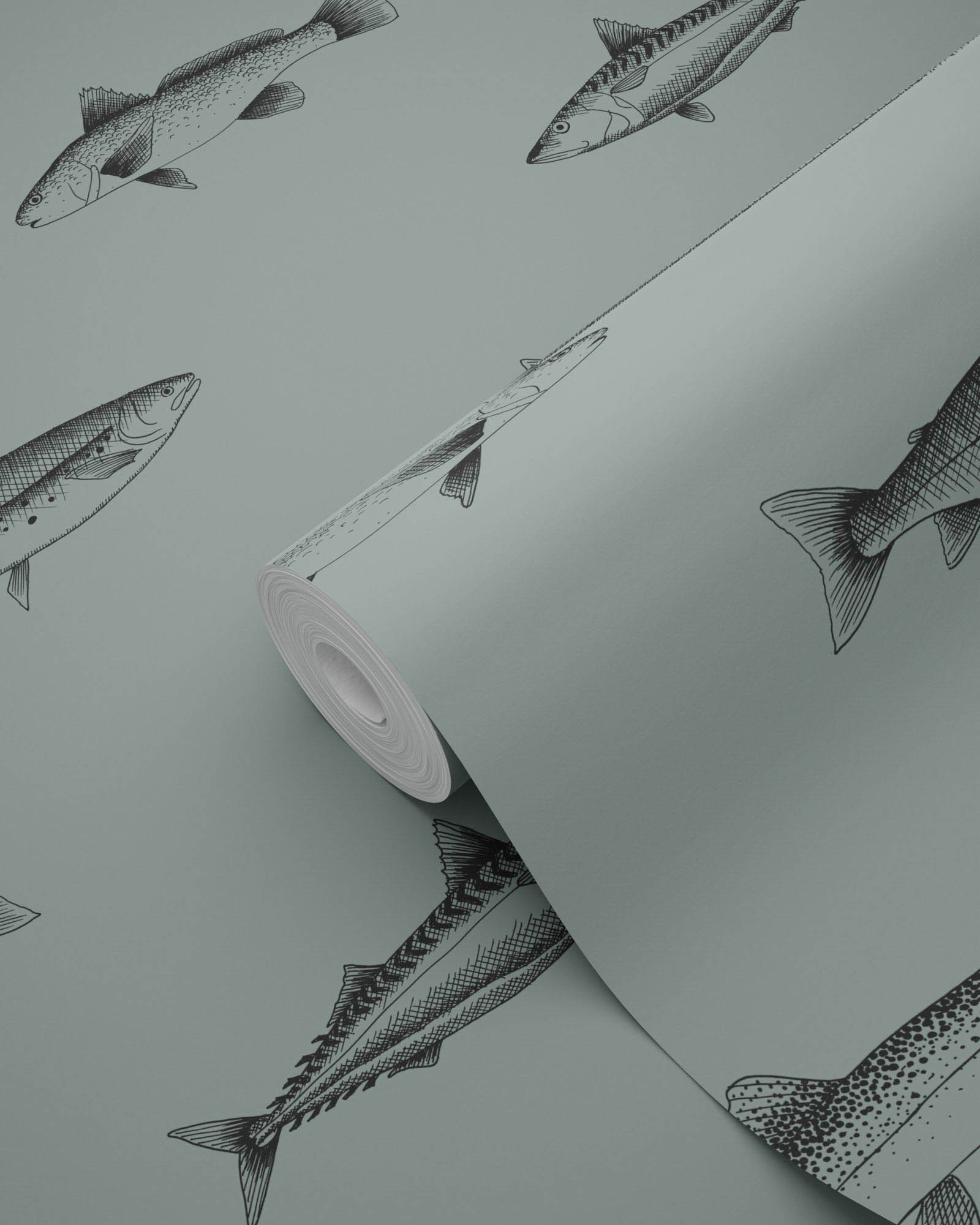 Fisch Tapete Federzeichnung graugrün schwarz 128874