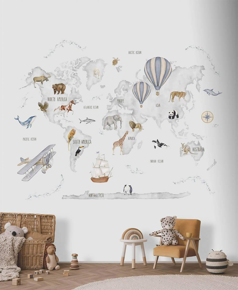 Wandbild Vlies Weltkarte Wal Hai Bär Elefant Schiff glatt matt grau CW6118-1-62-CW6118-1