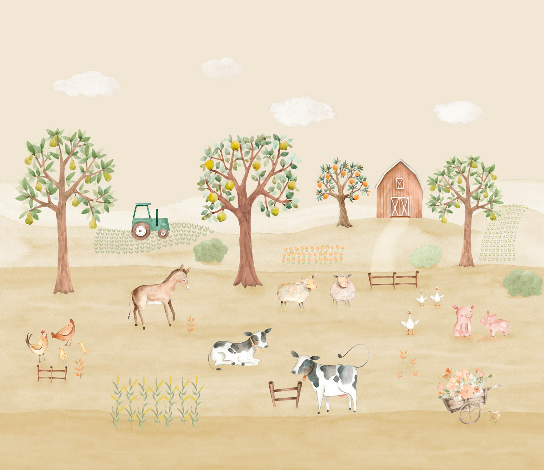 Wandbild Bauernhof Tiere Traktor Aquarell beige Prägevlies