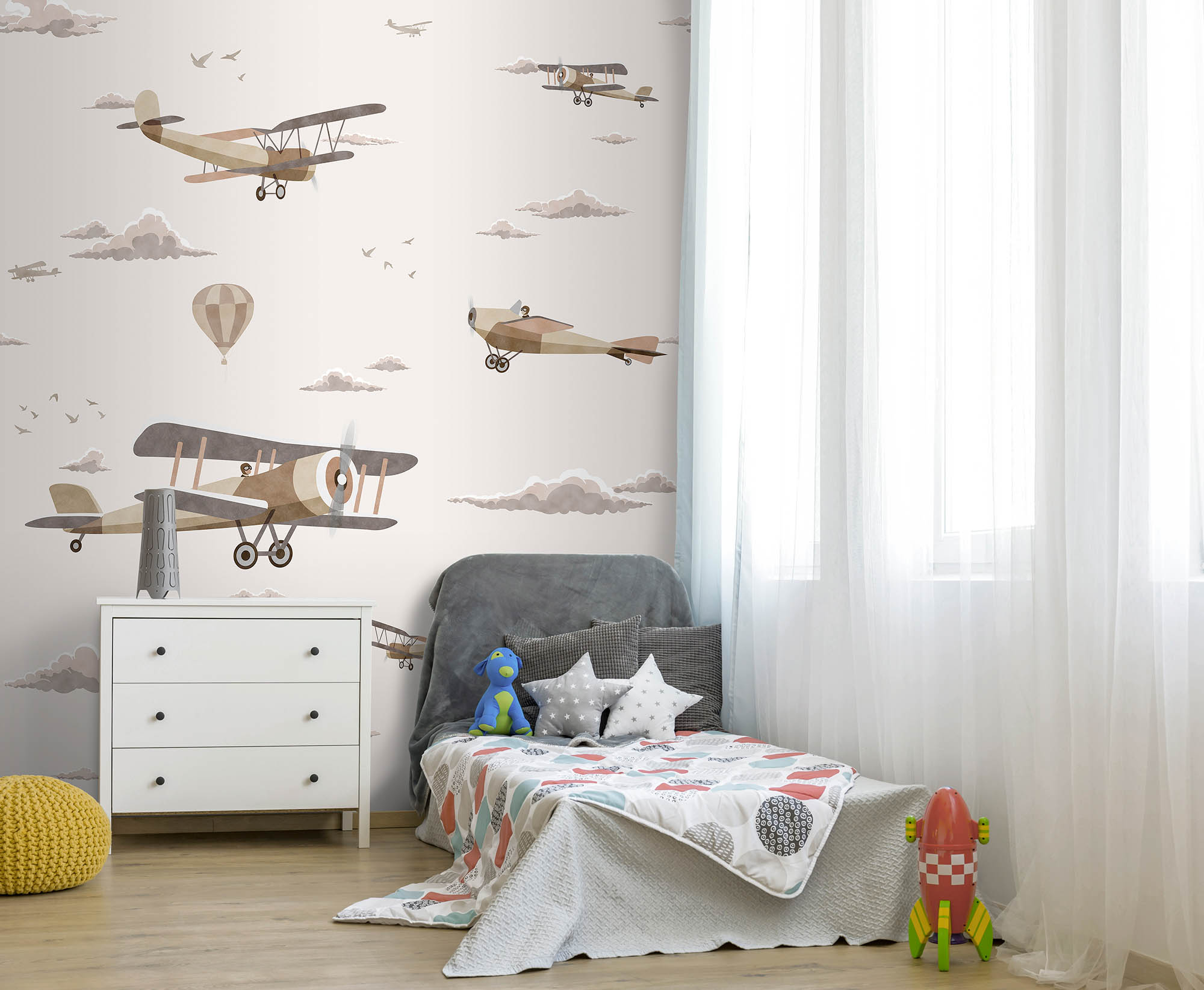 Wandbild vintage Flugzeuge bunte Doppeldecker beige Prägevlies