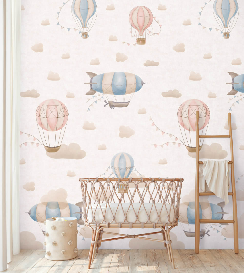 Wandbild Heißluftballon Zeppelin Wolken rosa beige blau 770611-8-770611