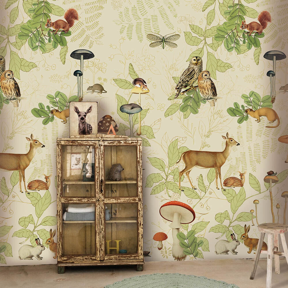 Wandbild Waldtiere Märchen Rehe Pilze Eulen Hasen cremebeige 557657-7-557657