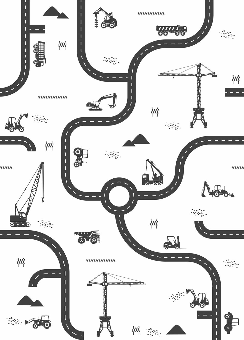 Weiß und dunkelblaues Wandbild Bagger und Kräne Woodland Rasch Textil 159057