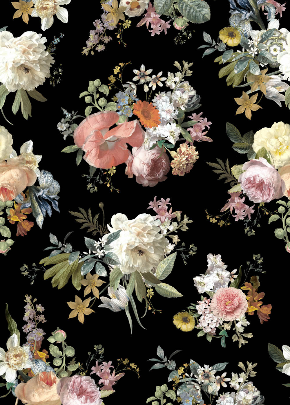 Wandbild Vintage Blumenmuster schwarz 200 x 279 cm 159218