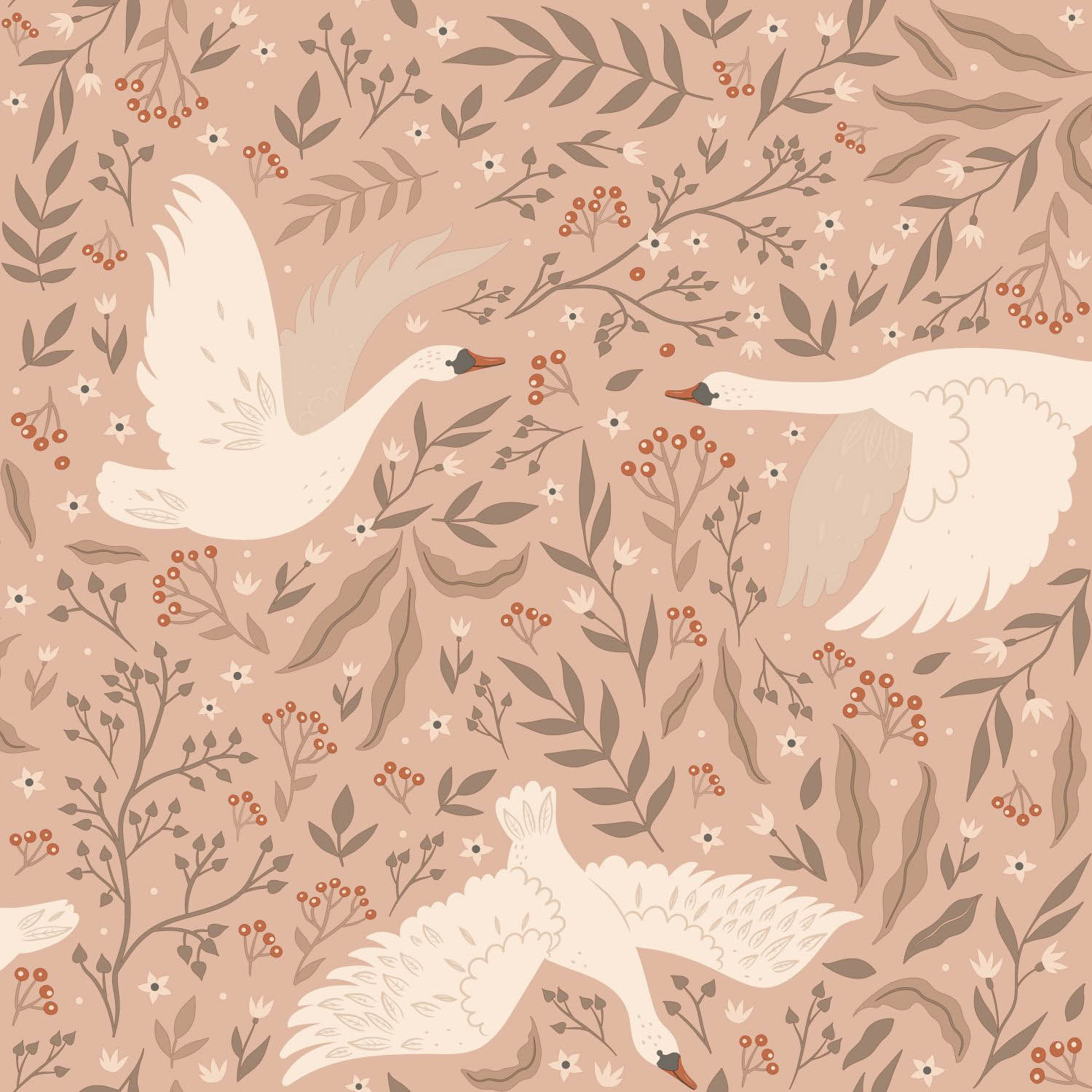Mustertapete fliegender Schwan Florale Vliestapete apricot