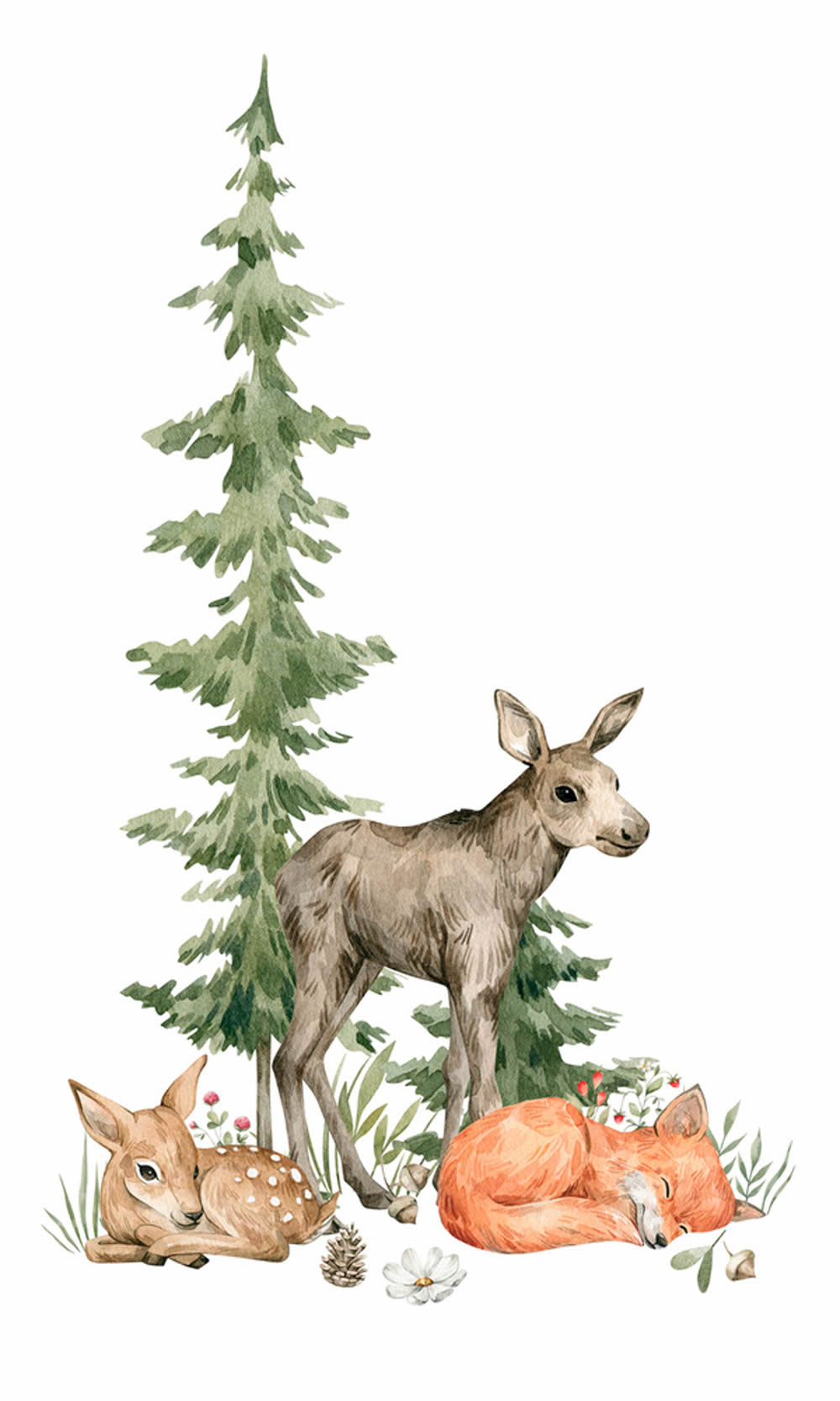 Wandbild 1,59 x 2,65 m Tiere skandinavischer Wald Elch Fuchs Rehkitz Grün 364996