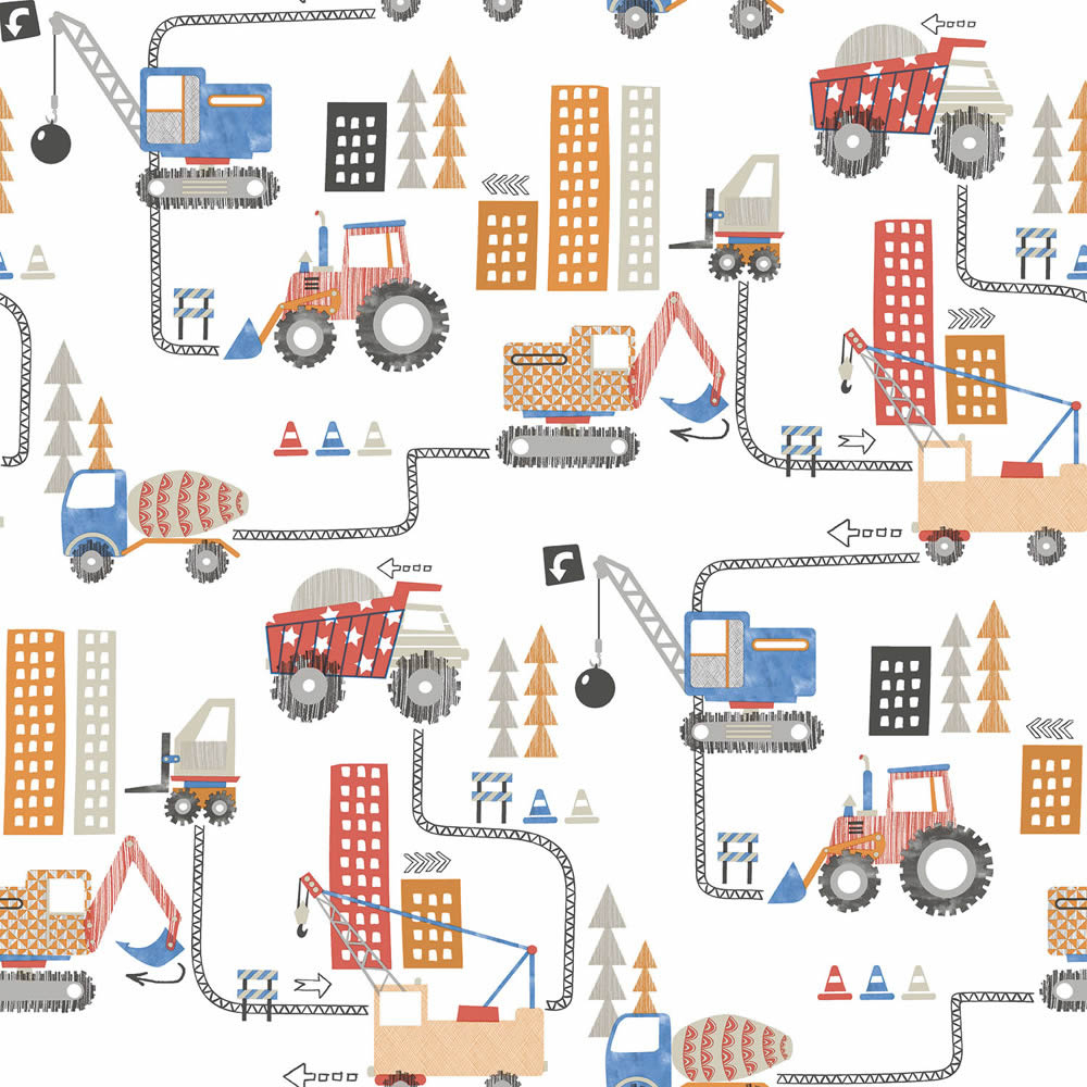 Colorful tractors white and orange non-woven wallpaper Tiny Tots 2 Essener G78361-28-G78361.1M