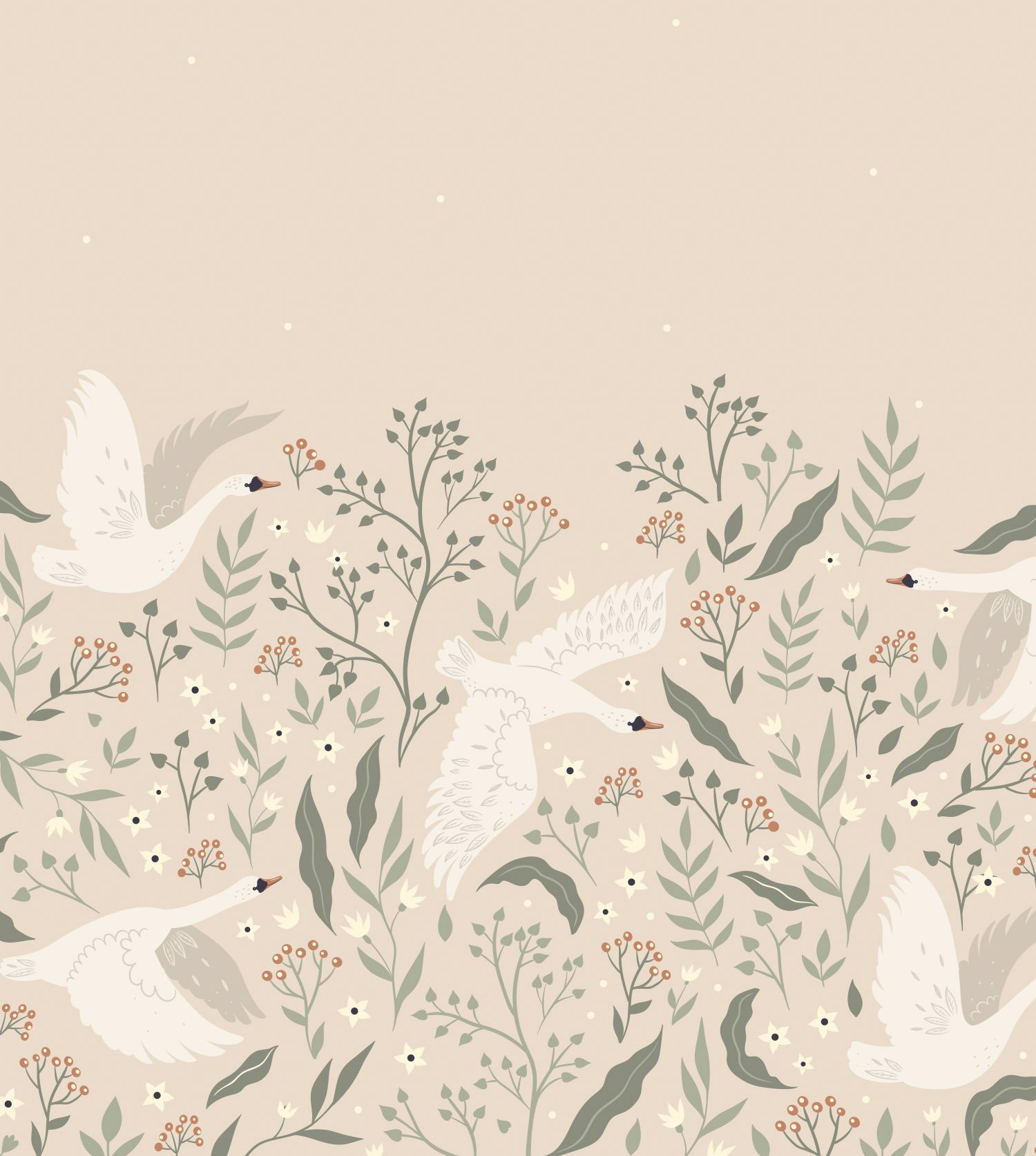 Wandbild fliegende Schwäne Wildblumen Vlies 5 Bahnen beige