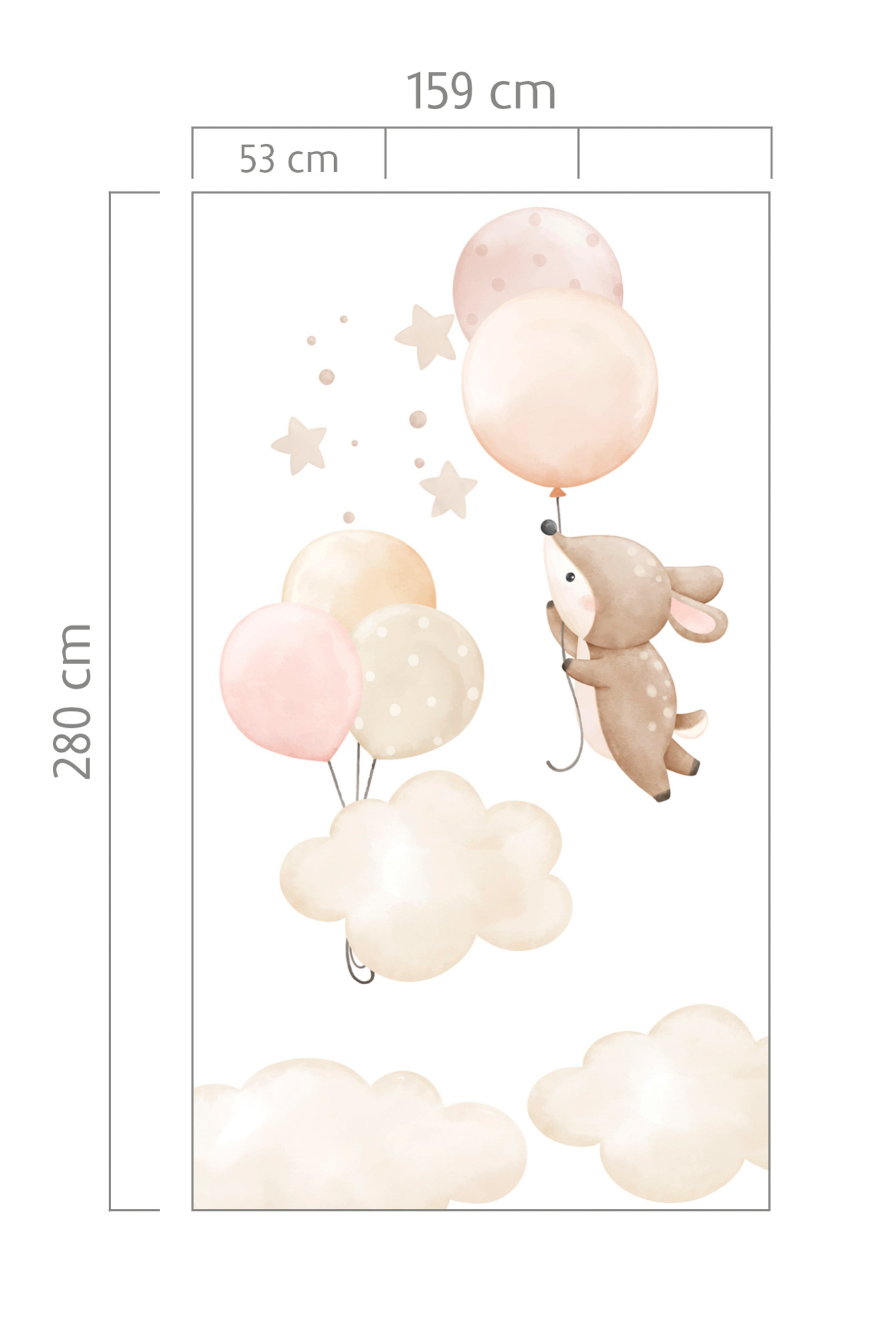 Wolken und Sterne Wandbild 3 Bahnen süße Bären weiß rosa