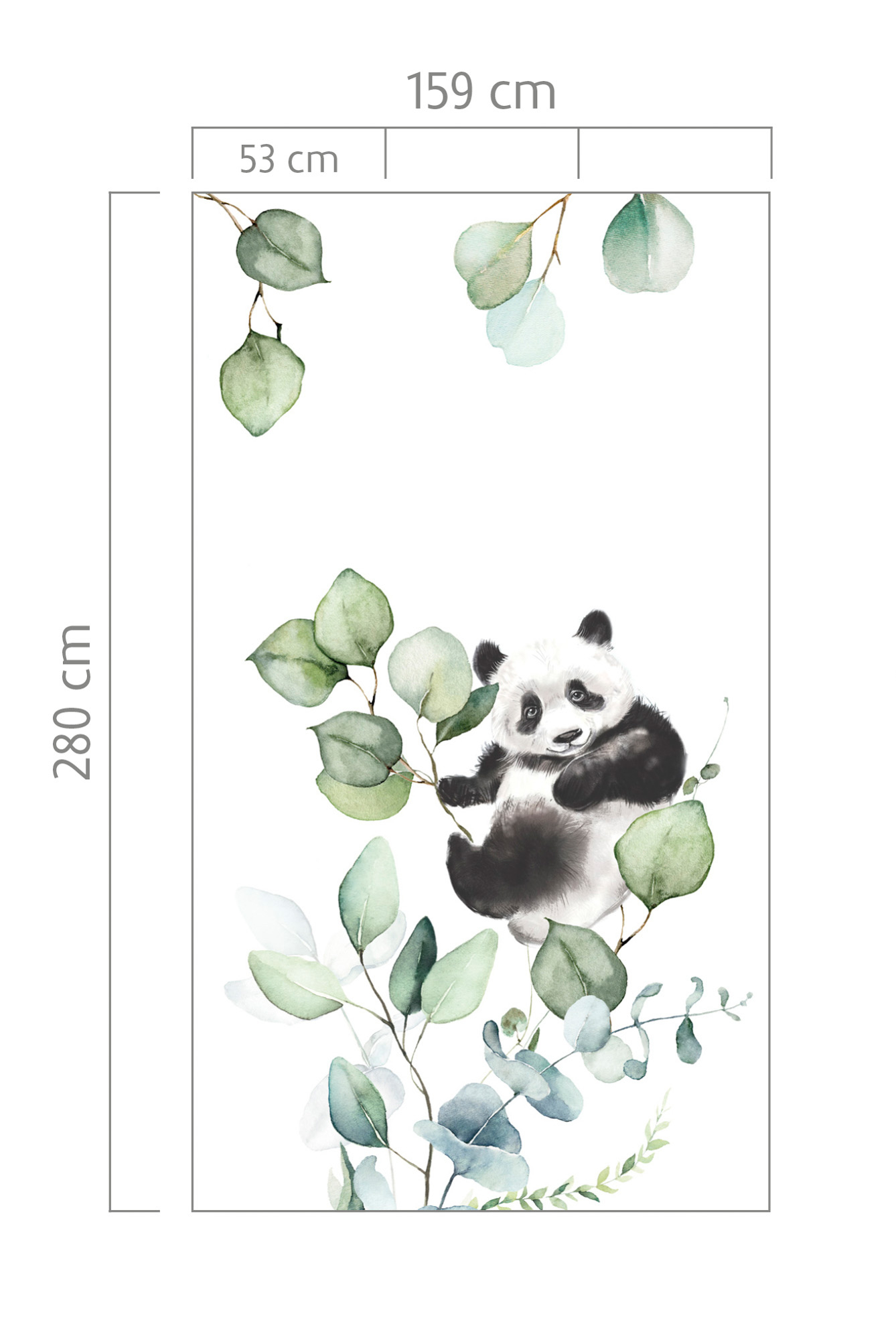 Eukalyptus Wandbild 3 Bahnen kleiner Pandabär Vlies weiß mint