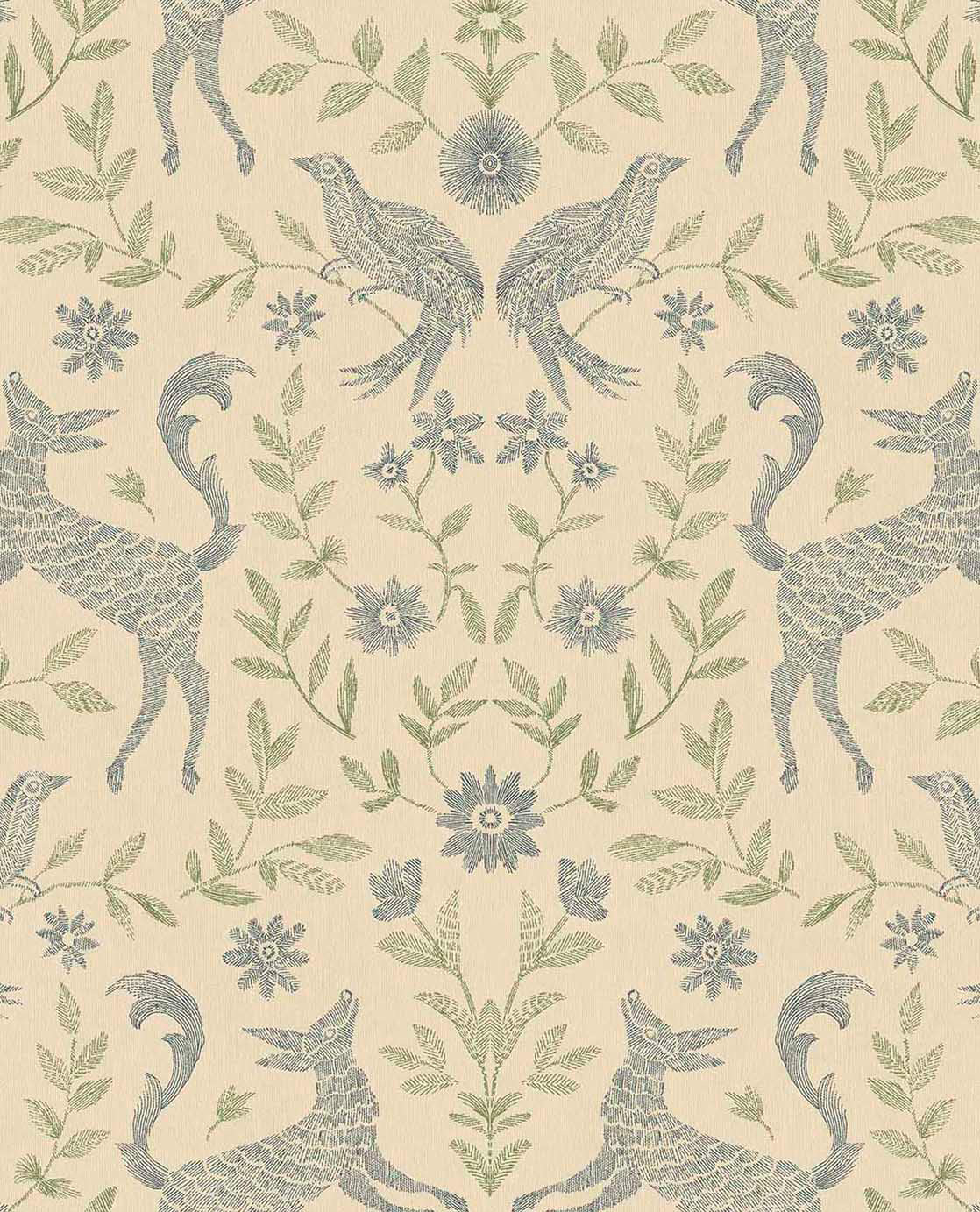Tapete Vliestapete Tiermuster Landhausmuster mit Blumenranken beige