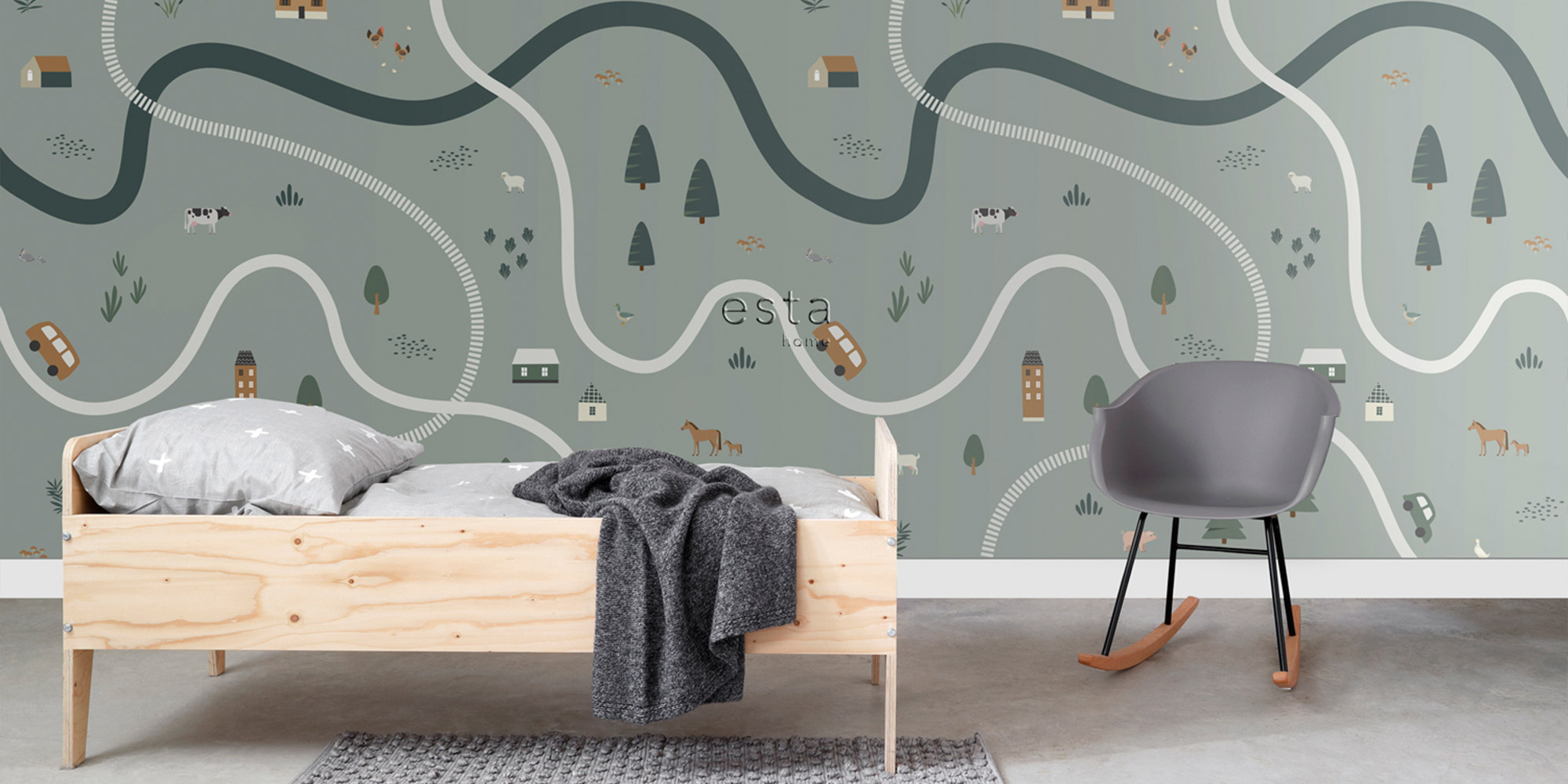 Grünes Wandbild für Kinde rim nordischen Stil mit Straßen und ener Landschaft.