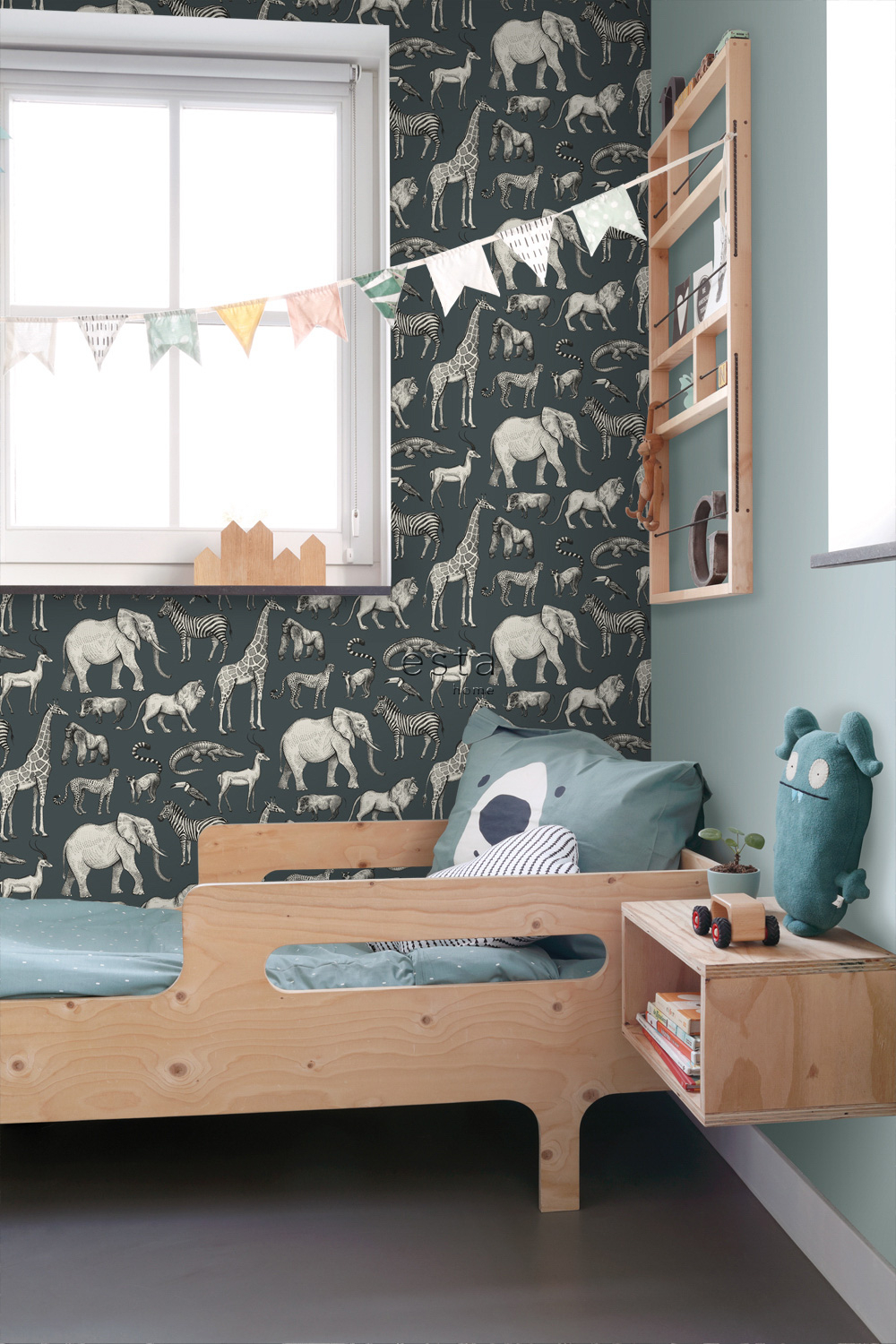 Safarietiere Tapete Giraffe Elefanz Zebra Vlies vintageblau 139272