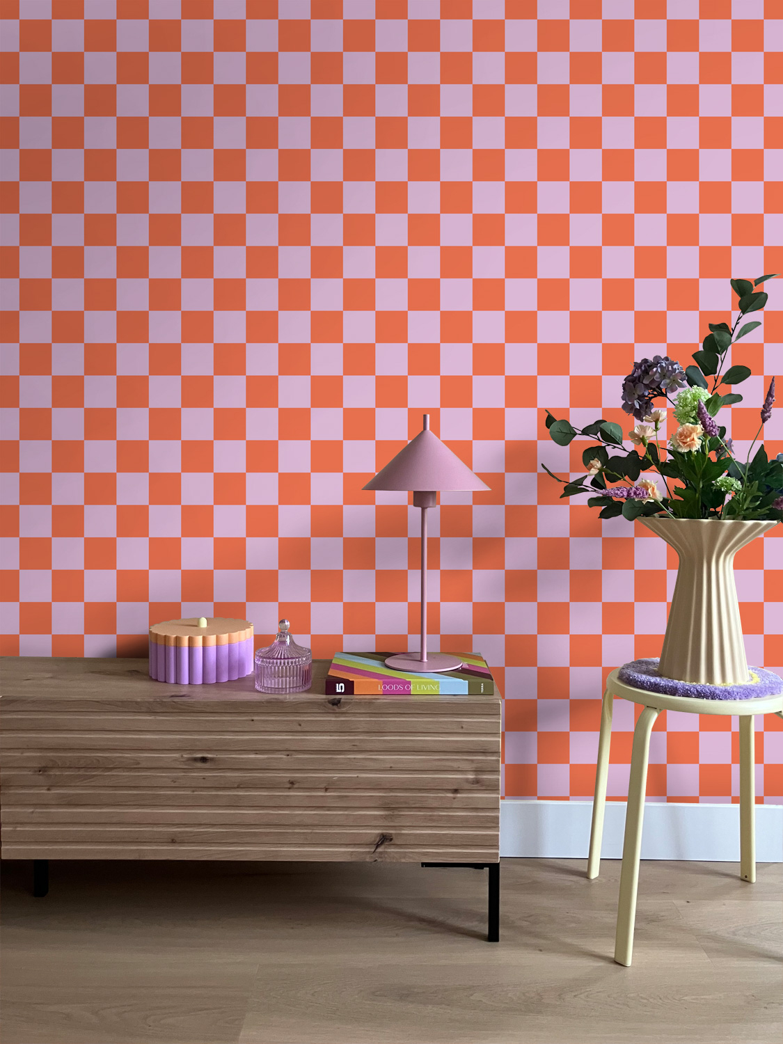 Tapete Schachbrett Tapete lila orange Vlies 130914