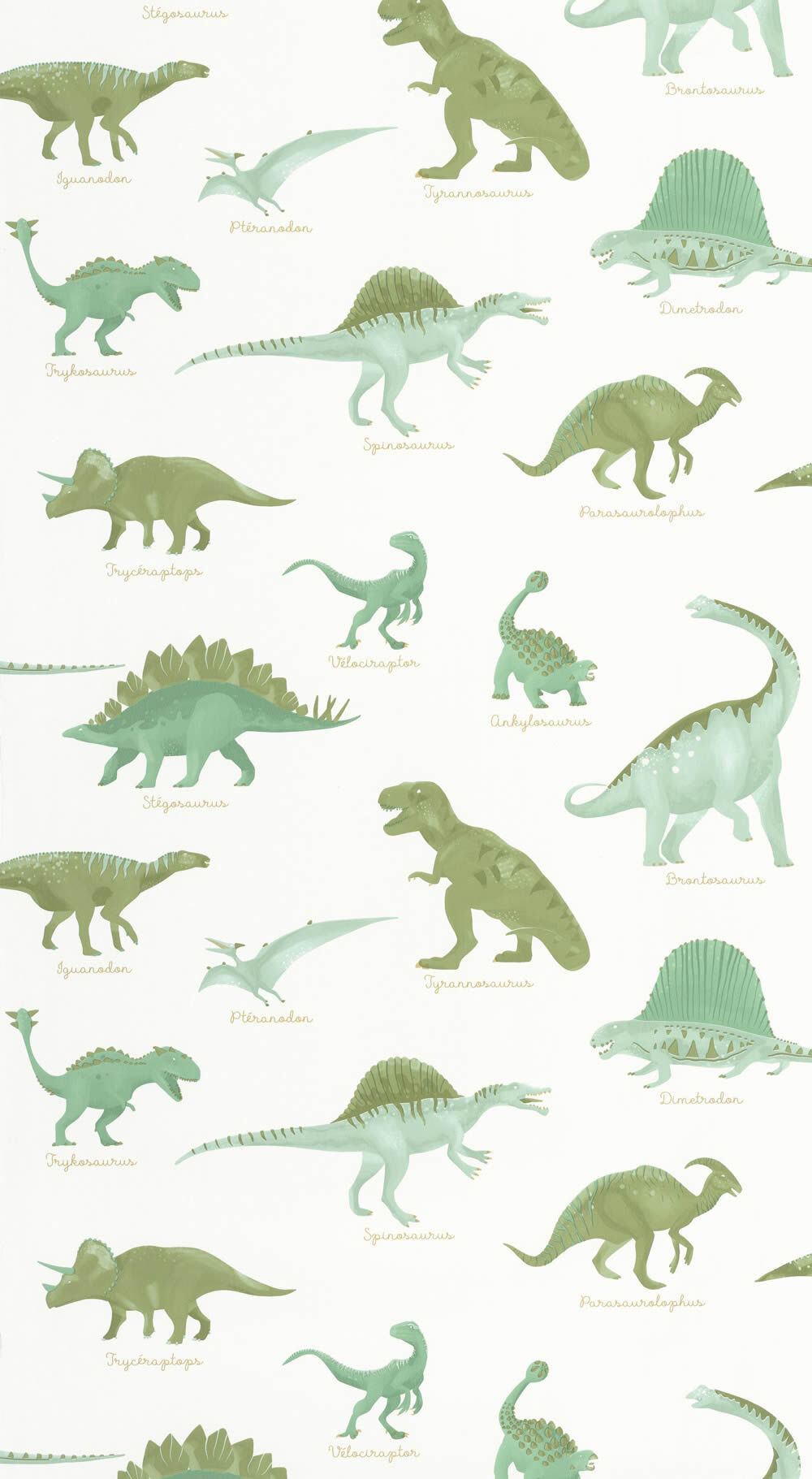 Dinosaur non-woven wallpaper Tyrannosaurus Rex dino species white green Les Minis Mondes Caselio MNM105707100