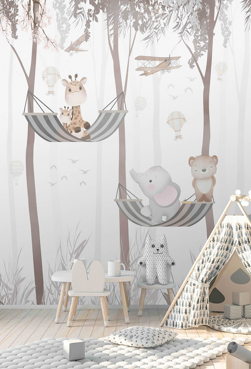 Wandbild Vlies Wald Bäume kleine Tiere in Hängematten matt grau CW6032-1-62-CW6032-1