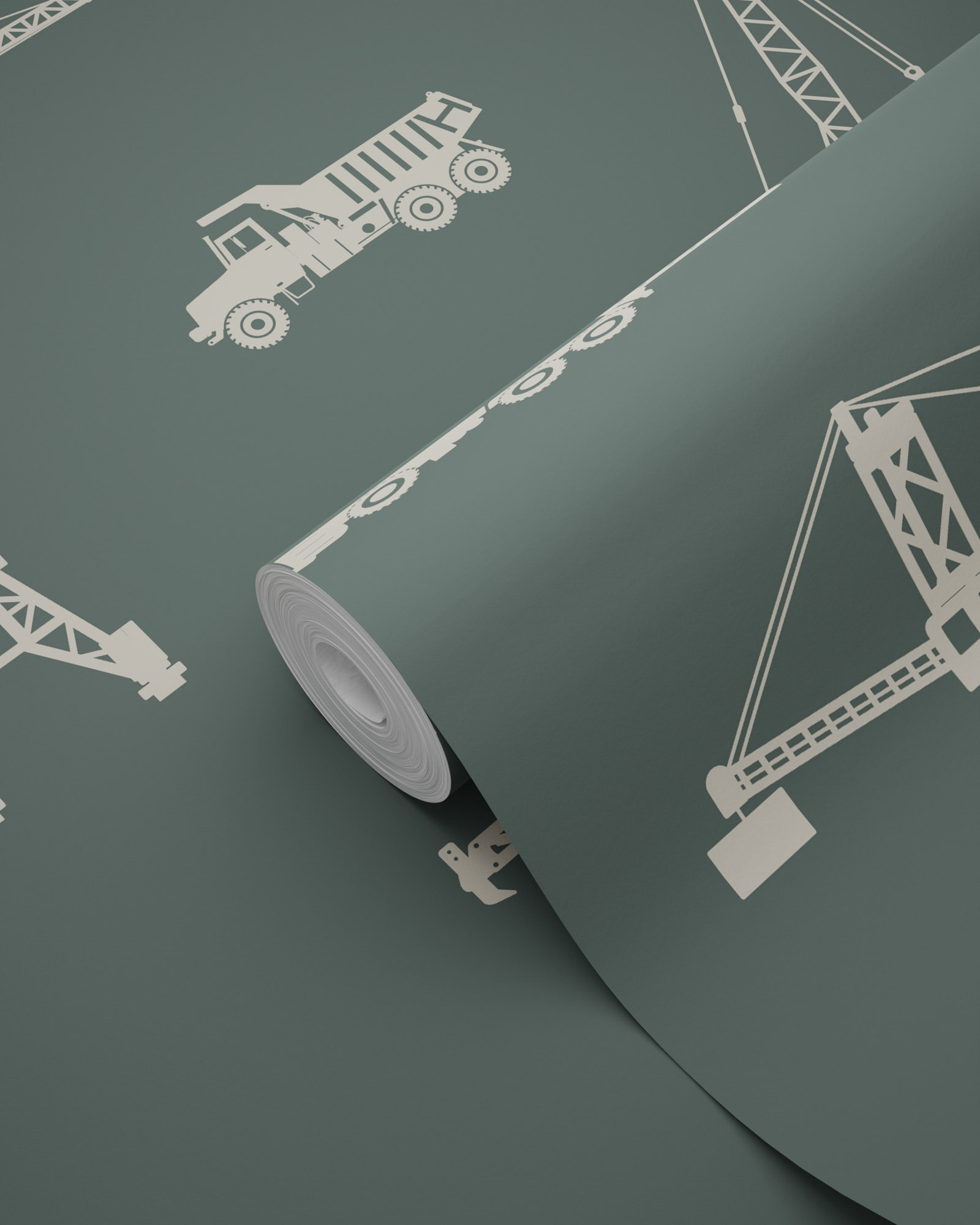 Vliestapete Baustelle weiße Bagger und Kranwagen dunkelgrün
