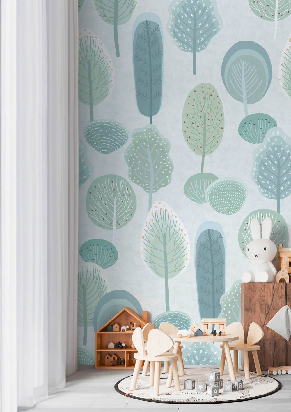 Wandbild Muster Bäume Waldtapete blau grün mint 770711-8-770711