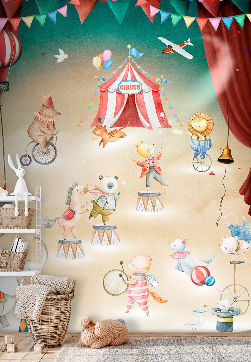 Wandbild Vlies Zirkus Zirkuszelt Tiere Pferd Bär Maus farbenfroh CW6056-1-62-CW6056-1