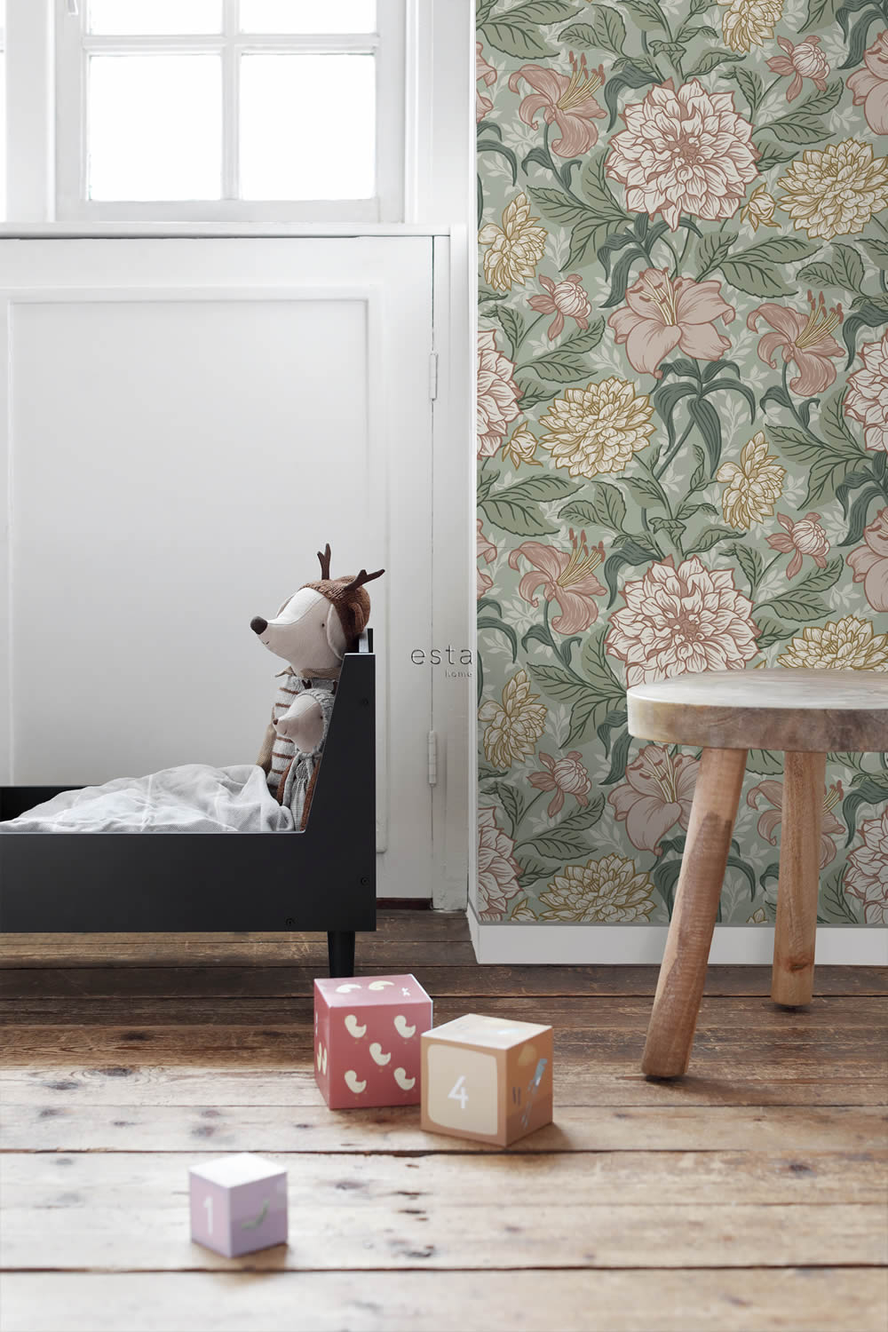 Tapete Vintage Blumen große rosa Blüten grün Vlies 139378