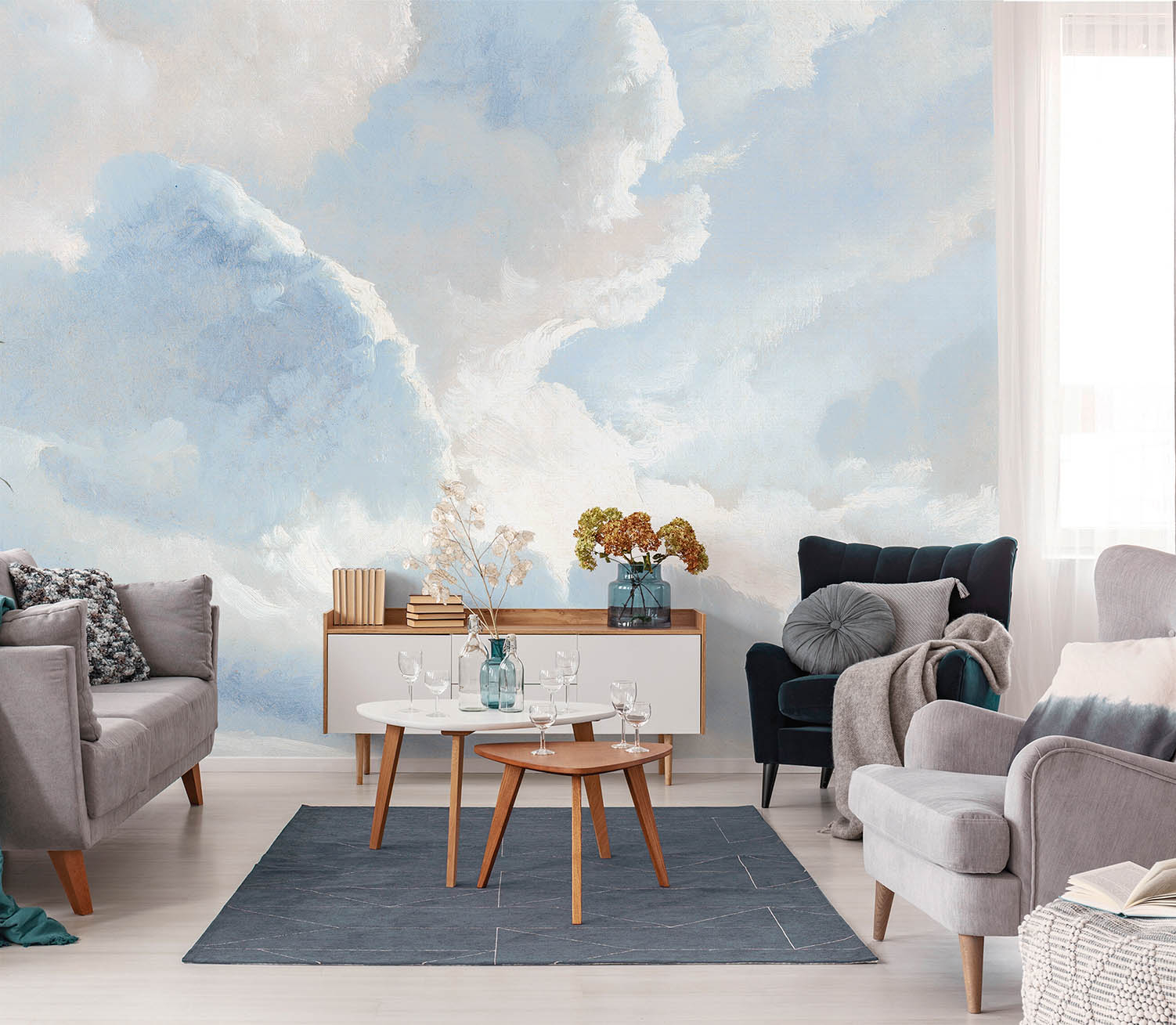 Wandbild Wolkenhimmel Aquarell blau Prägevlies