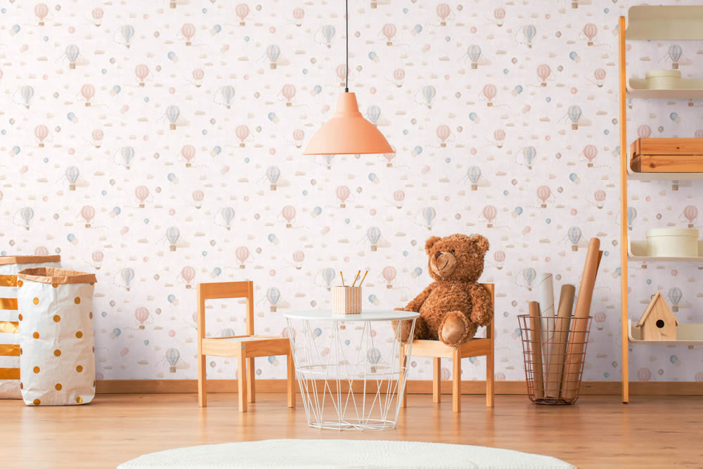 Vliestapete Heißluftballons Wolken Wimpelchen blau rosa 770771-8-770771