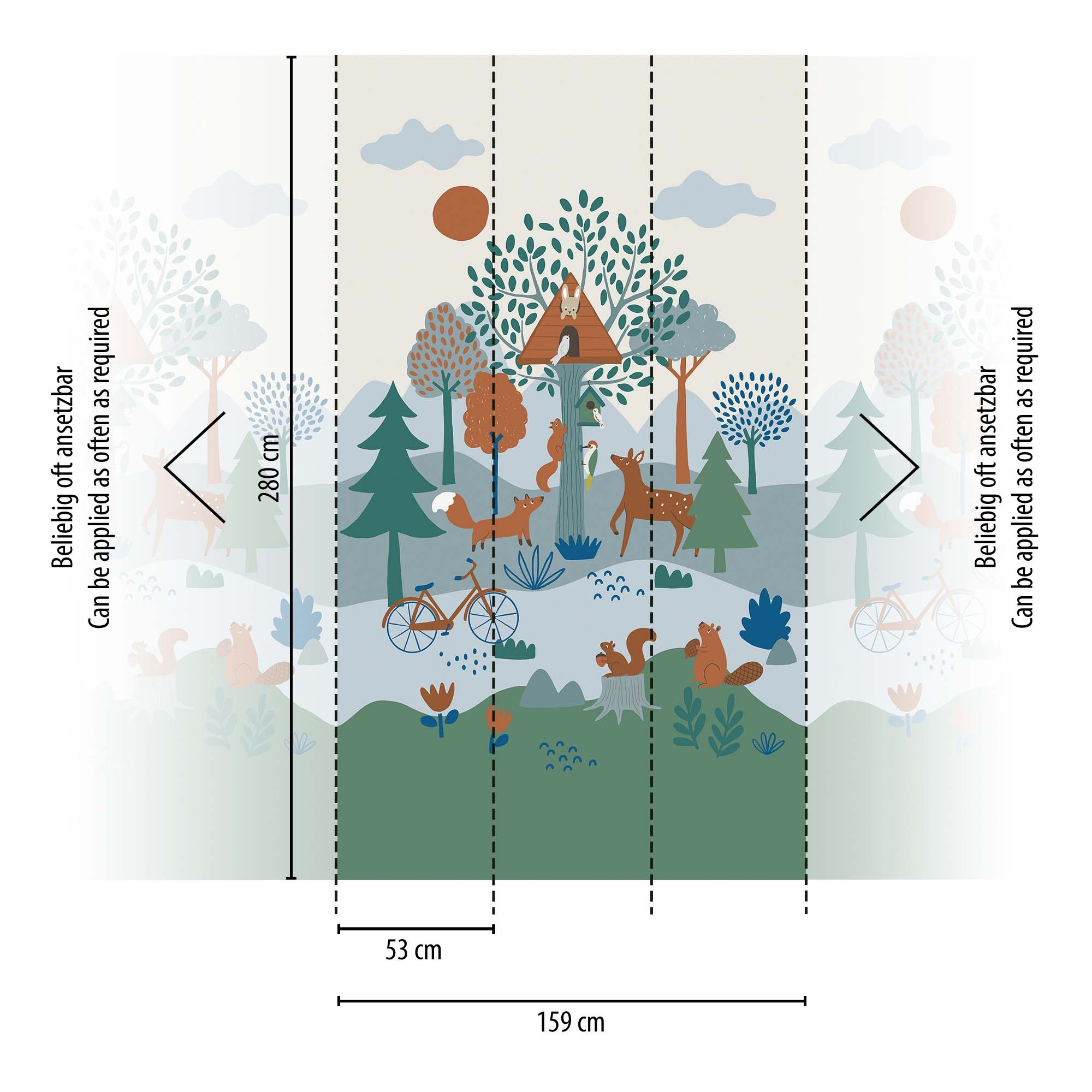 Wandbild Wald Fuchs Reh Waldtiere blau 159 x 280 cm 792882