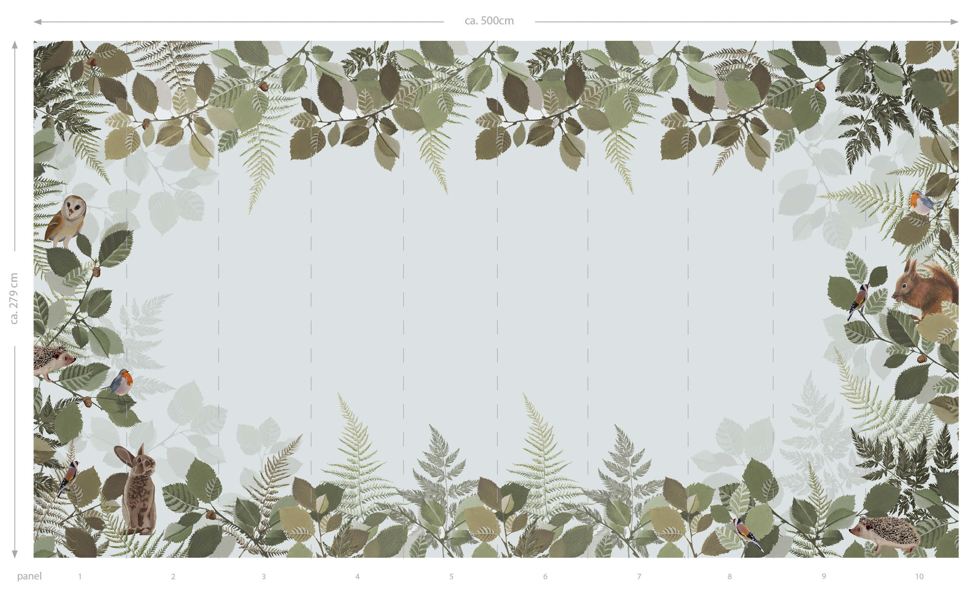 Wald Wandbild Blätter Tiere grau grün 500 x 279 cm 159102