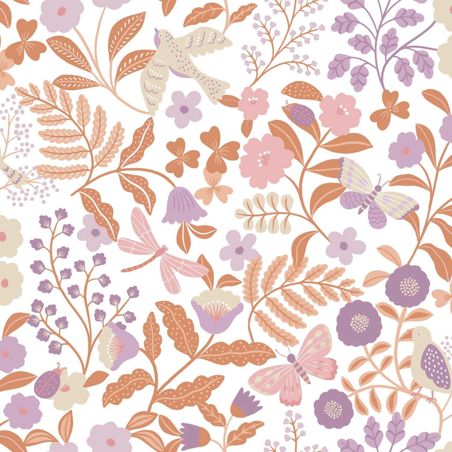 Florale Vliestapete Blumenmuster und Schwalben weiß orange