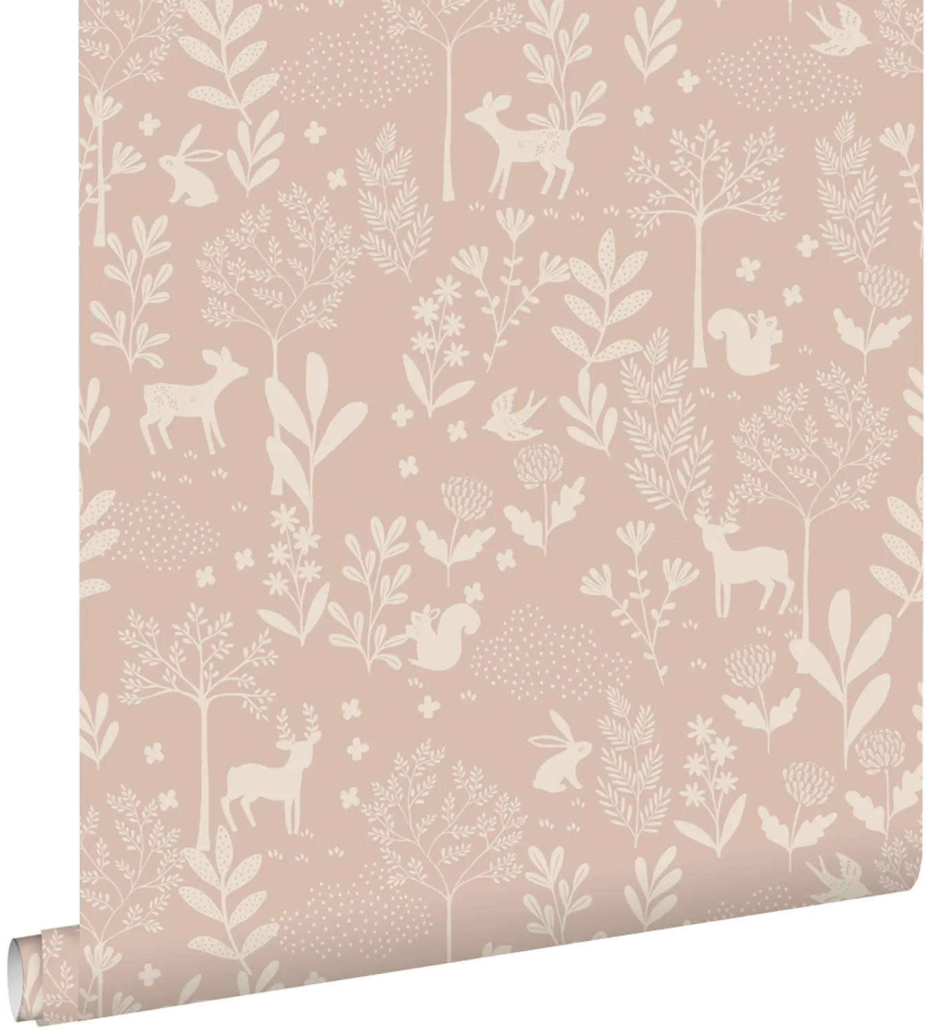 Kleine Waldtiere Naturtapete süßes Eichhörnchen und Reh rosa
