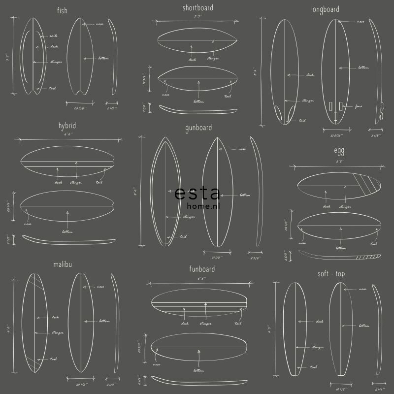 Vliestapete Surfbretter Zeichnung dunkelgrau 128872