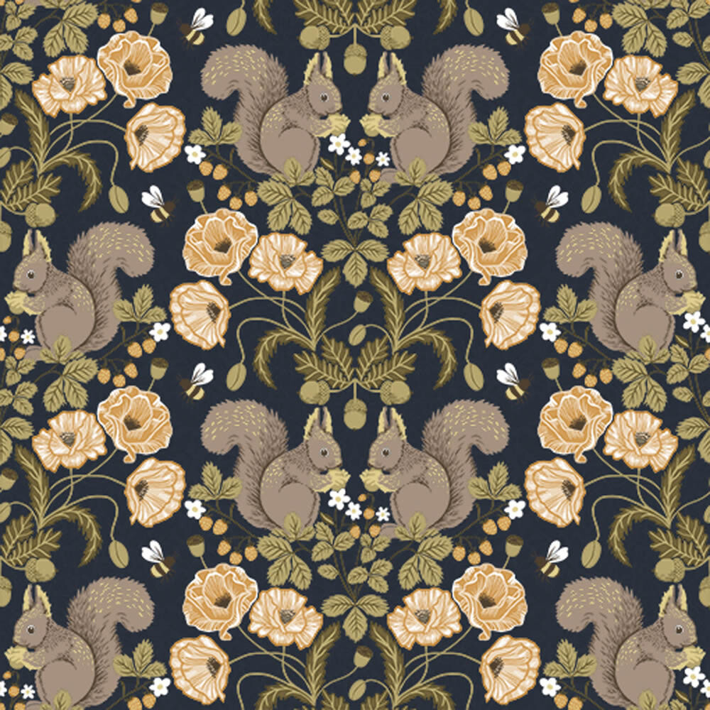 Blumen und Eichhörnchen Vliestapete dunkelblau Grönhaga Rasch Textil 044123-23-044123.1M