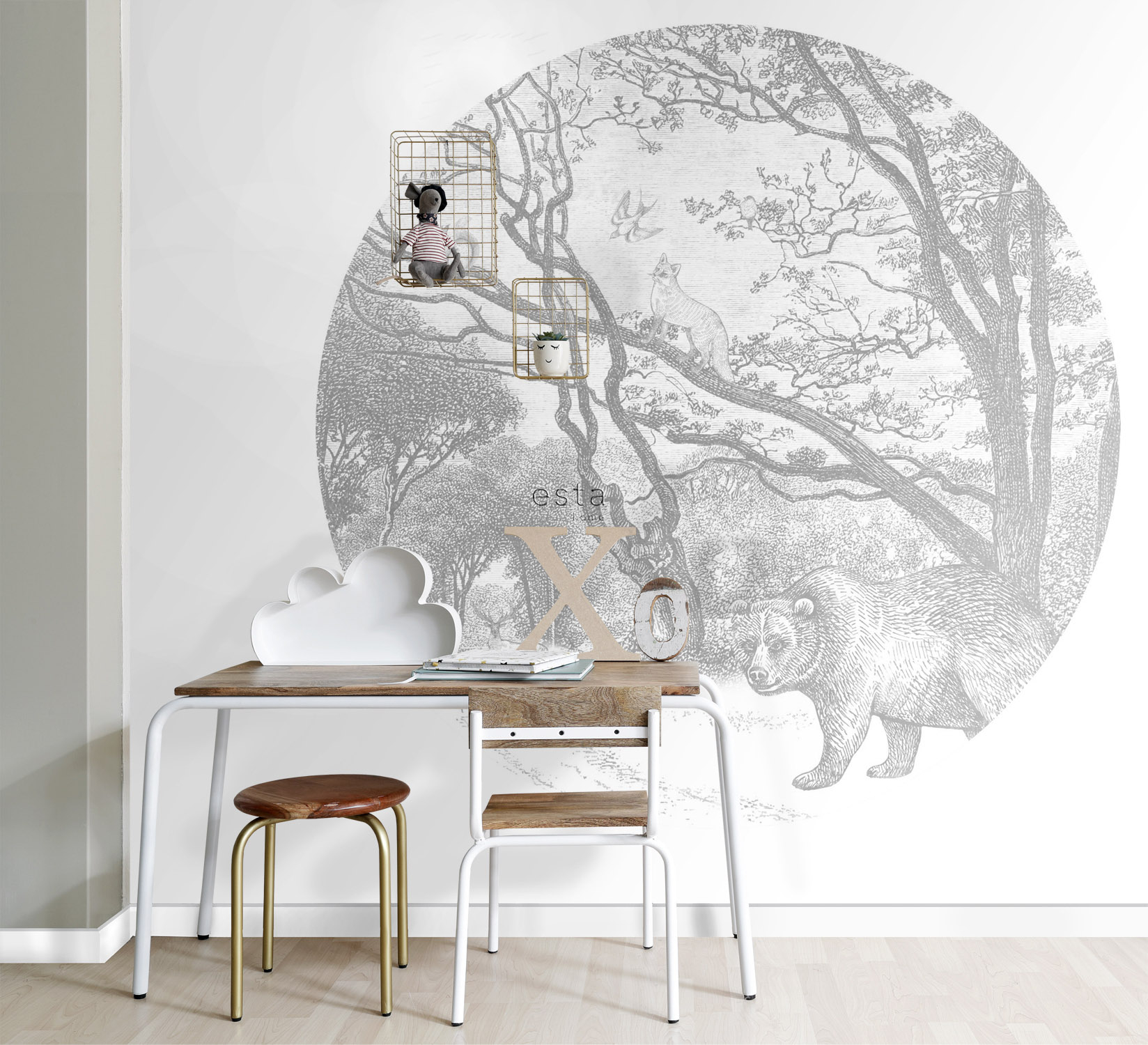 Wandbild Wald Tiere rund grau 140 cm Vlies 159083