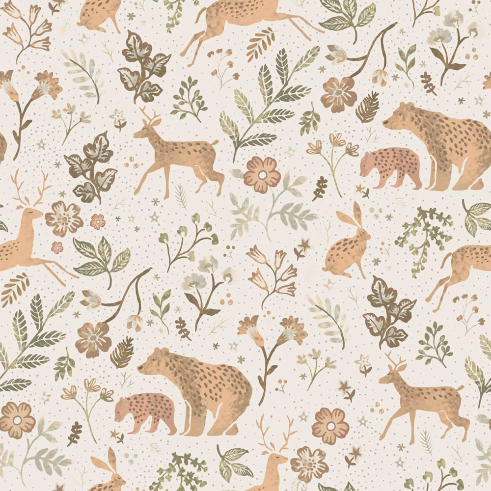 Wald Tiere Tapete Bären Rehe Vlies erdfarben 139525