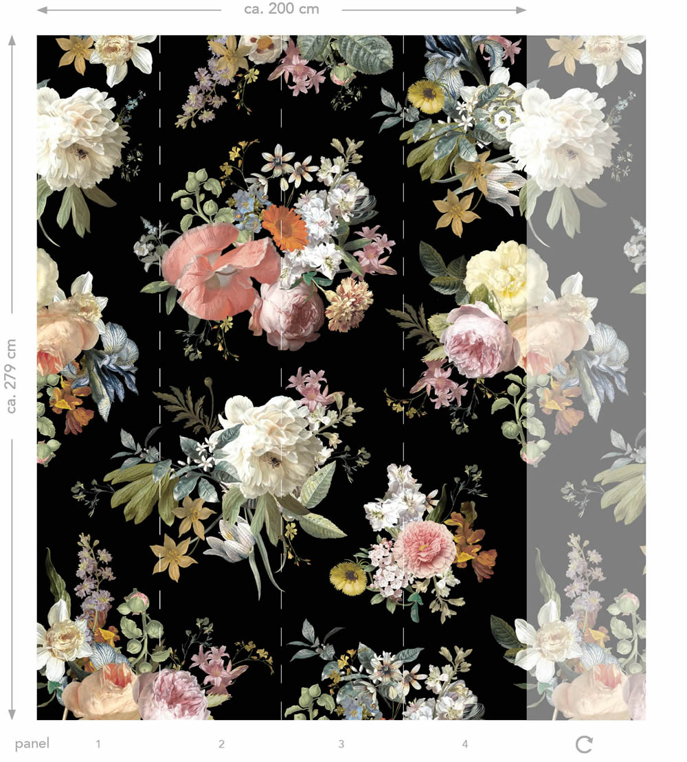 Wandbild Vintage Blumenmuster schwarz 200 x 279 cm 159218